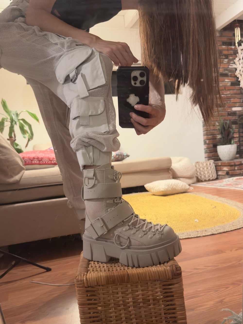 Dolls Kill Platform Combat Boots in Light Gray with Strap Detail